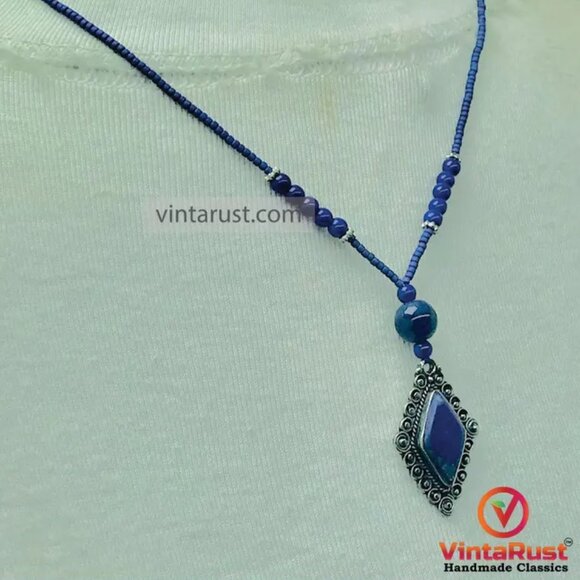 Artisan Lapis Lazuli Diamond Pendant Necklace, Ethnic Lapis Lazuli Pendant - Picture 4 of 8